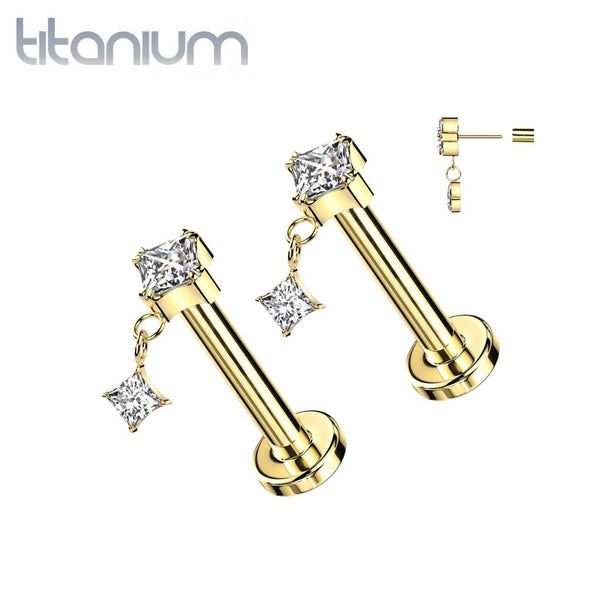Pair of Implant Grade Titanium Gold PVD White CZ Square Gem Dangly Threadless Push In Earrings With Flat Back - Pierced Universe