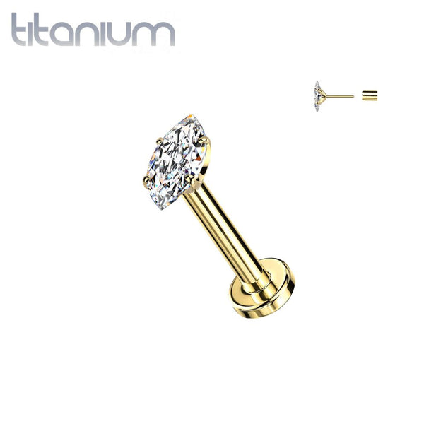 Implant Grade Titanium Gold PVD White CZ Clawed Marquise Gem Push In Threadless Labret With Flat Back