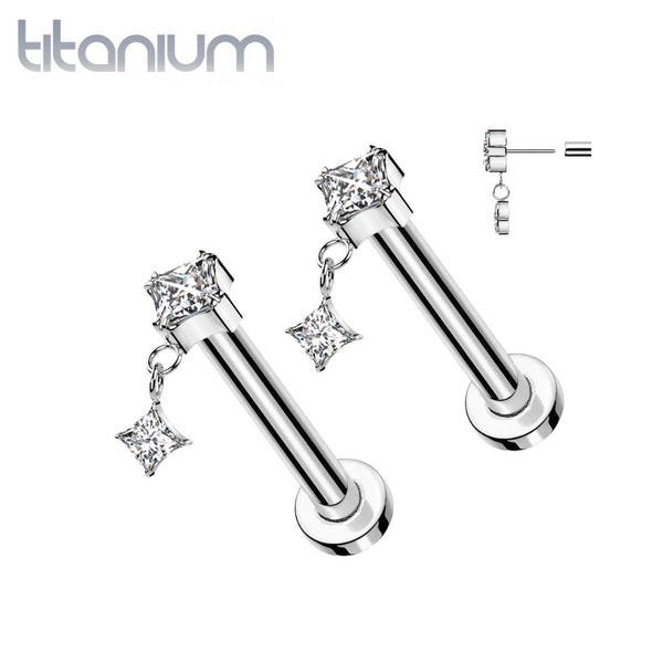 Pair of Implant Grade Titanium White CZ Square Gem Dangly Threadless Push In Earrings With Flat Back - Pierced Universe