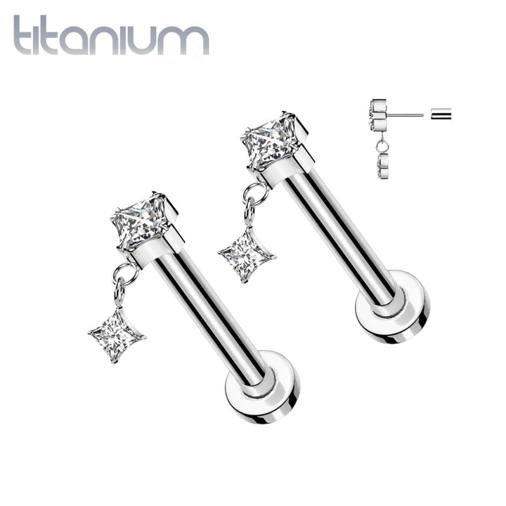 Pair of Implant Grade Titanium White CZ Square Gem Dangly Threadless Push In Earrings With Flat Back - Pierced Universe