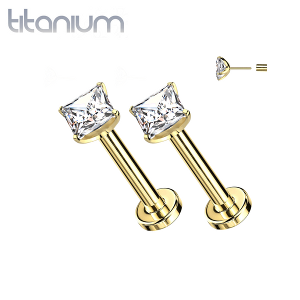 Pair Of Implant Grade Titanium Gold PVD Square White CZ Gem Threadless Push In Earring Studs With Flat Back - Pierced Universe