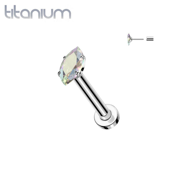 Implant Grade Titanium Aurora Borealis CZ Clawed Marquise Gem Push In Threadless Labret With Flat Back