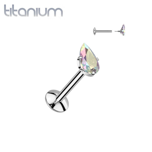 Implant Grade Titanium Aurora Borealis CZ Teardrop Shaped Internally Threaded Flat Back Labret
