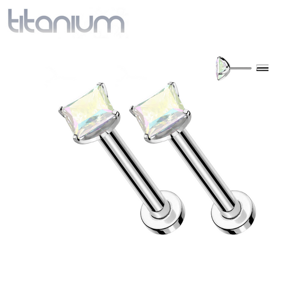 Pair of Implant Grade Titanium Threadless Square Aurora Borealis CZ Gem Earring Studs with Flat Back - Pierced Universe