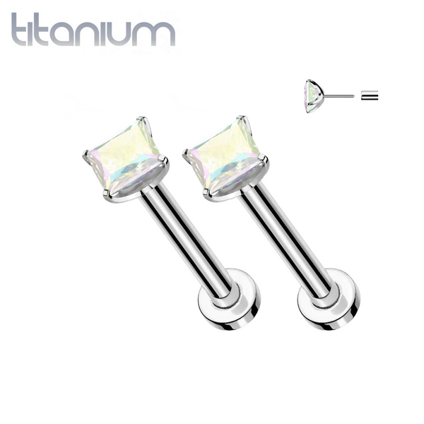 Pair of Implant Grade Titanium Threadless Square Aurora Borealis CZ Gem Earring Studs with Flat Back