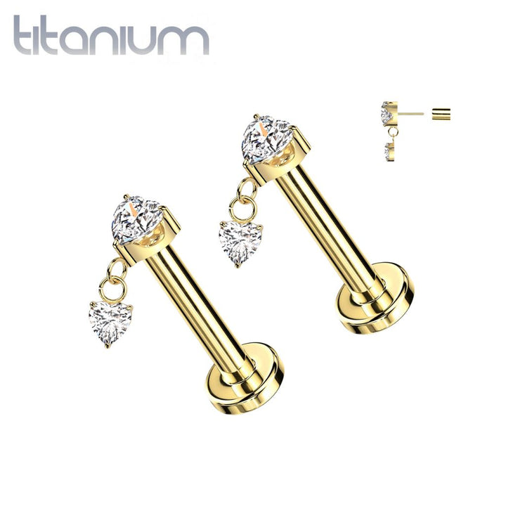 Pair of Implant Grade Titanium Gold PVD White CZ Heart Shaped Gem Dangly Threadless Push In Earrings With Flat Back - Pierced Universe