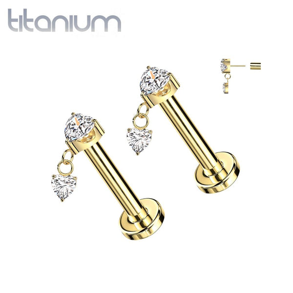 Pair of Implant Grade Titanium Gold PVD White CZ Heart Shaped Gem Dangly Threadless Push In Earrings With Flat Back - Pierced Universe