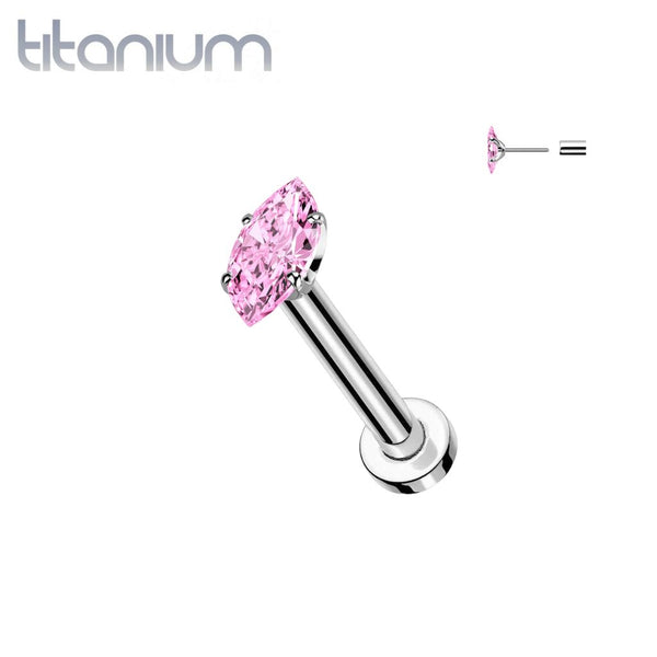 Implant Grade Titanium Pink CZ Clawed Marquise Gem Push In Threadless Labret With Flat Back