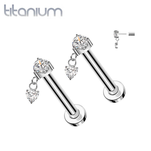 Pair of Implant Grade Titanium White CZ Heart Shaped Gem Dangly Threadless Push In Earrings With Flat Back - Pierced Universe