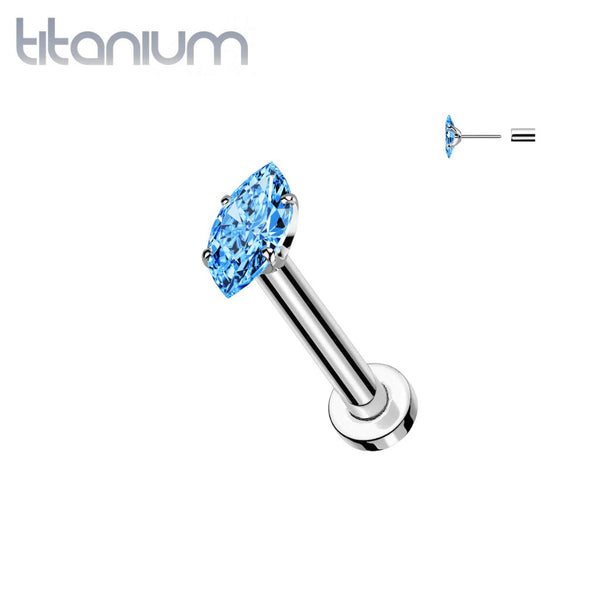 Implant Grade Titanium Aqua CZ Clawed Marquise Gem Push In Threadless Labret With Flat Back