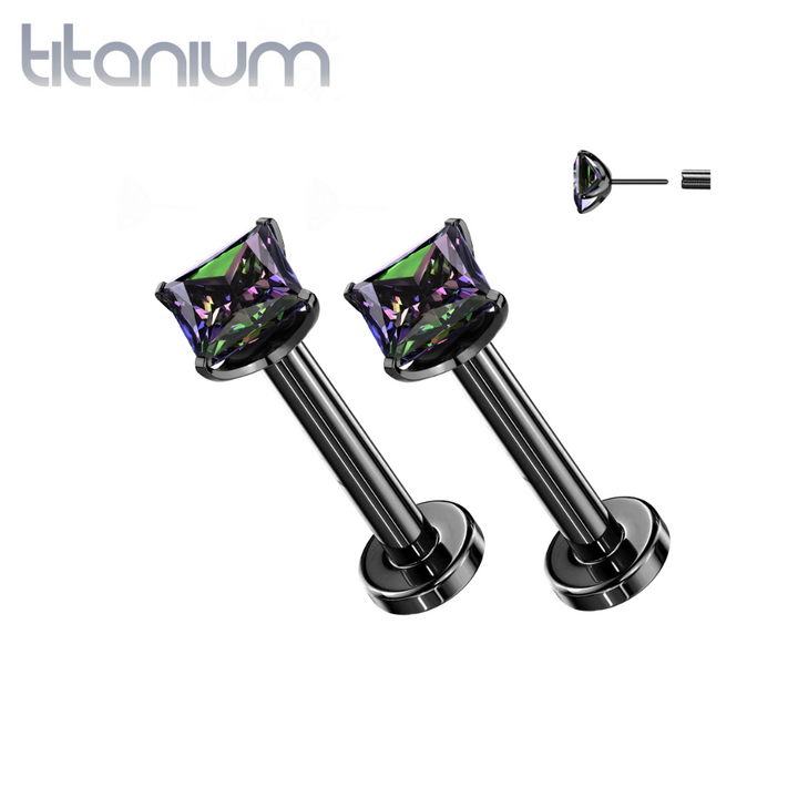 Pair of Implant Grade Titanium Threadless Square Red CZ Gem Earring Studs with Flat Back
