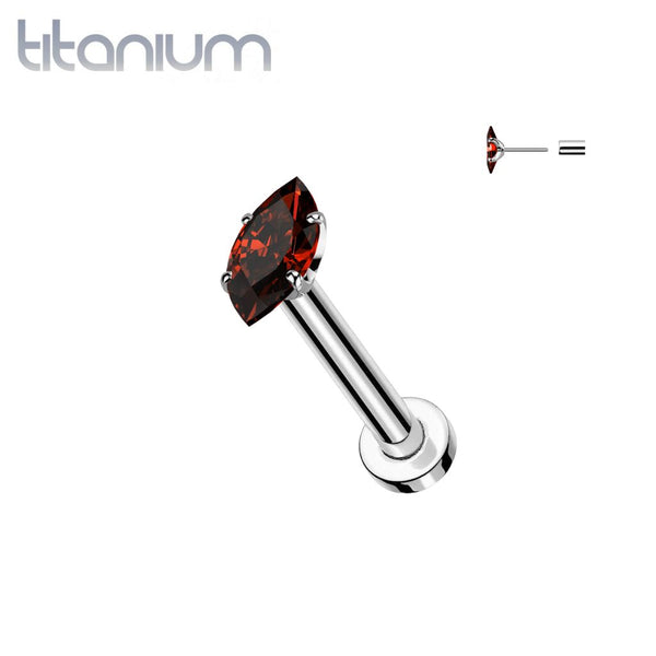 Implant Grade Titanium Red CZ Clawed Marquise Gem Push In Threadless Labret With Flat Back