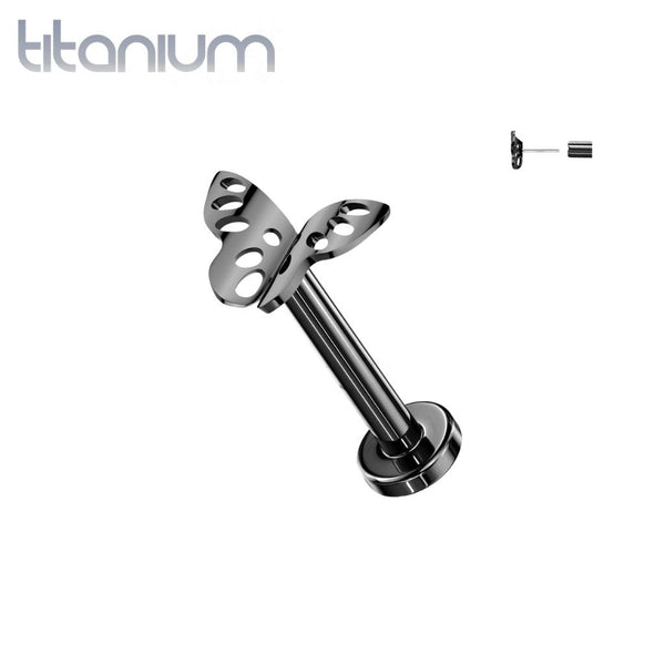 Implant Grade Titanium Black PVD Threadless Butterfly Push In Labret With Flat Back - Pierced Universe