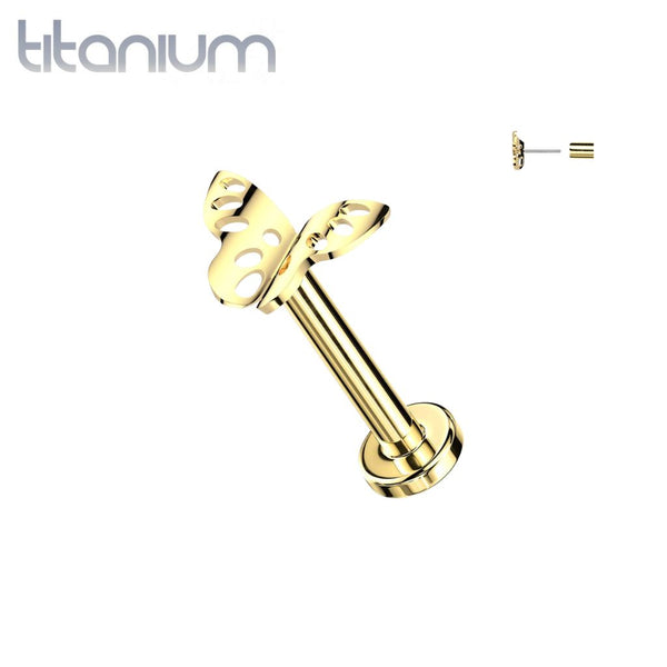 Implant Grade Titanium Threadless Gold PVD Butterfly Push In Labret With Flat Back - Pierced Universe