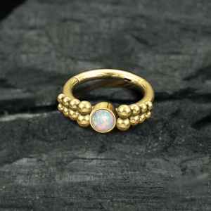 316L Surgical Steel Gold PVD White Opal Bezel Beaded Hinged Clicker Hoop - Pierced Universe