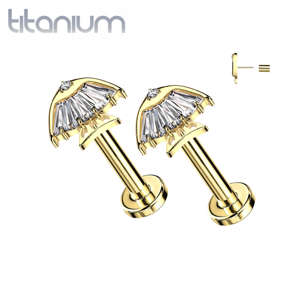Pair of Implant Grade Titanium Gold PVD White CZ Fish Threadless Push In Earrings With Flat Back - Pierced Universe