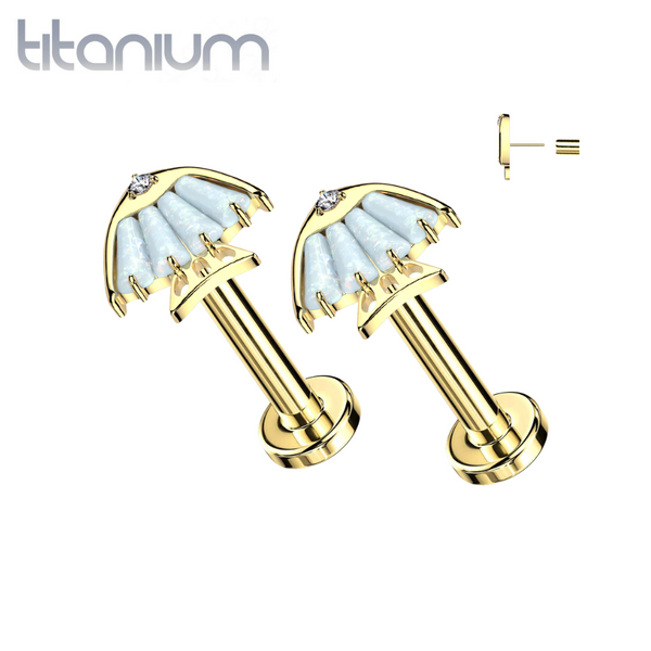 Pair of Implant Grade Titanium Gold PVD White Opal & CZ Fish Threadless Push In Earrings With Flat Back - Pierced Universe