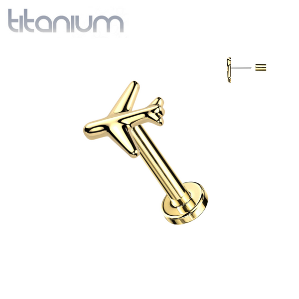 Implant Grade Titanium Gold PVD Minimal Airplane Threadless Labret With Flat Back