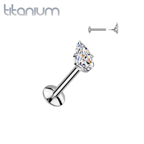 Implant Grade Titanium White CZ Teardrop Shaped Internally Threaded Flat Back Labret