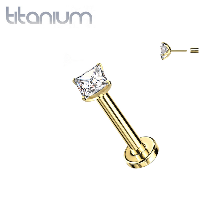 Implant Grade Titanium Gold PVD Square White CZ Threadless Push In Labret - Pierced Universe