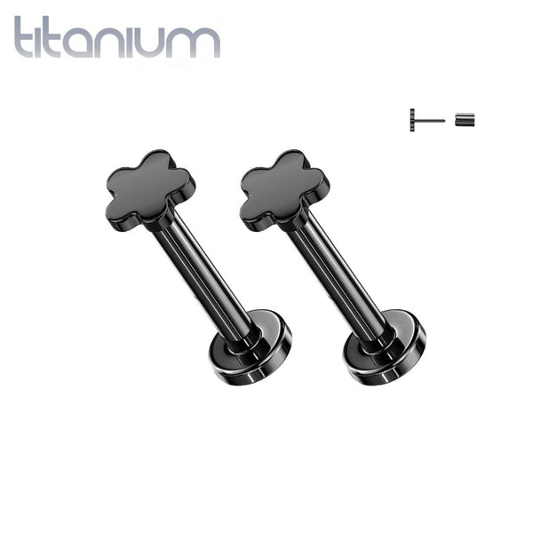 Pair of Implant Grade Titanium Black PVD Threadless Flower Push In Earrings With Flat Back - Pierced Universe