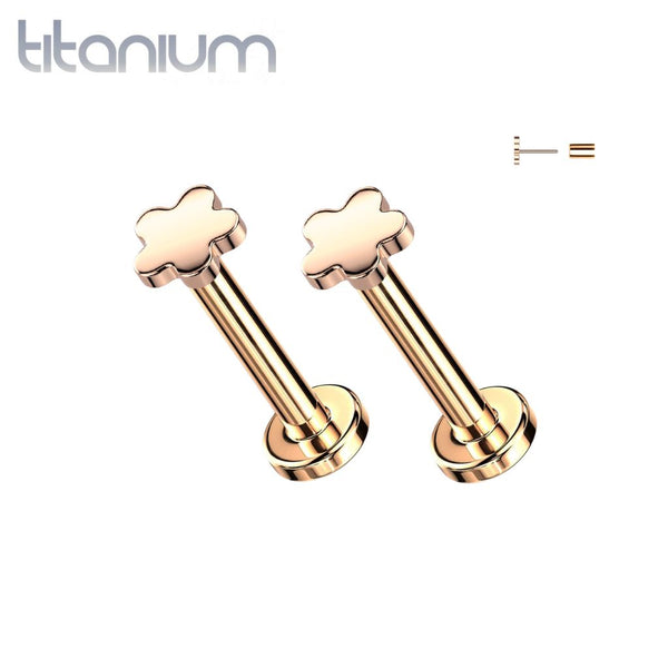 Pair of Implant Grade Titanium Rose Gold PVD Threadless Flower Push In Earrings With Flat Back - Pierced Universe