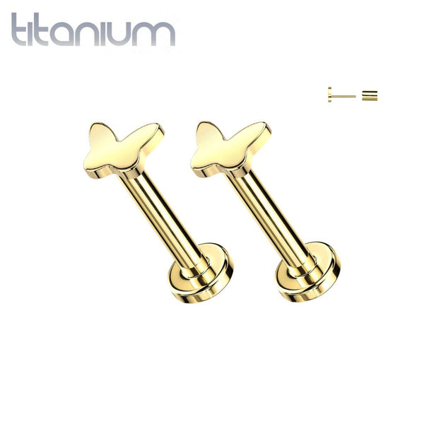 Pair of Implant Grade Titanium Gold PVD Threadless Butterfly Push In Earrings With Flat Back - Pierced Universe