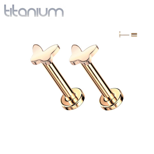 Pair of Implant Grade Titanium Rose Gold PVD Threadless Butterfly Push In Earrings With Flat Back - Pierced Universe