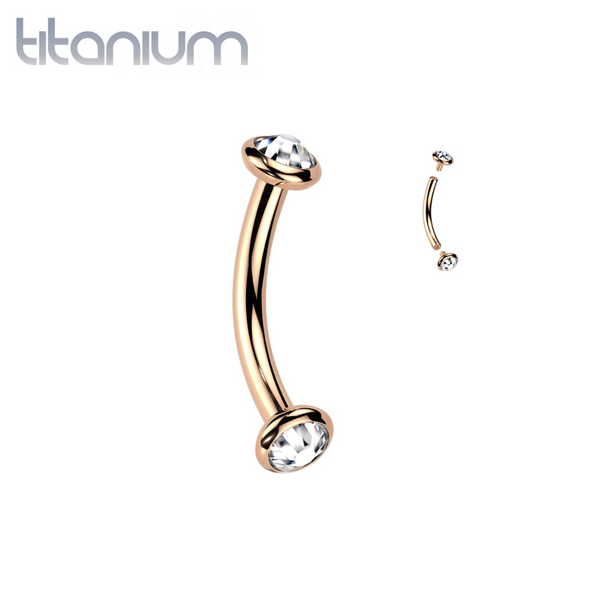 Implant Grade Titanium Rose Gold PVD White CZ Bezel Internally Threaded Curved Barbell - Pierced Universe