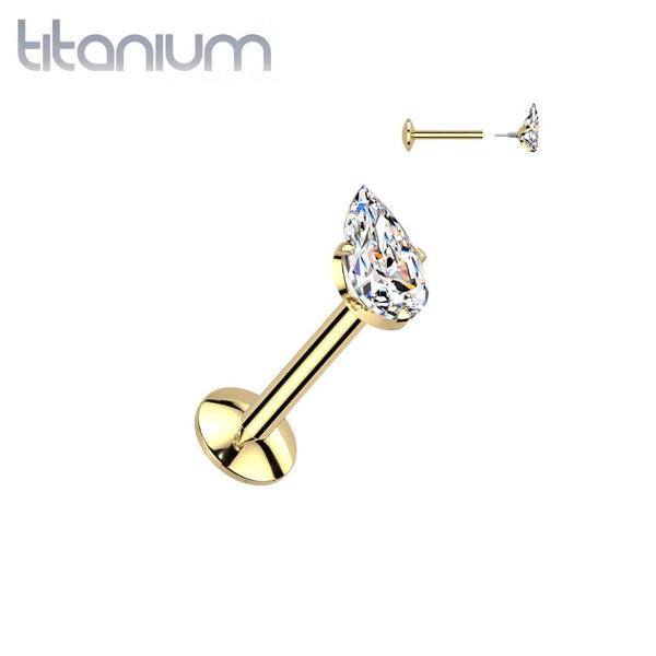 Implant Grade Titanium Gold PVD White CZ Teardrop Shaped Internally Threaded Flat Back Labret