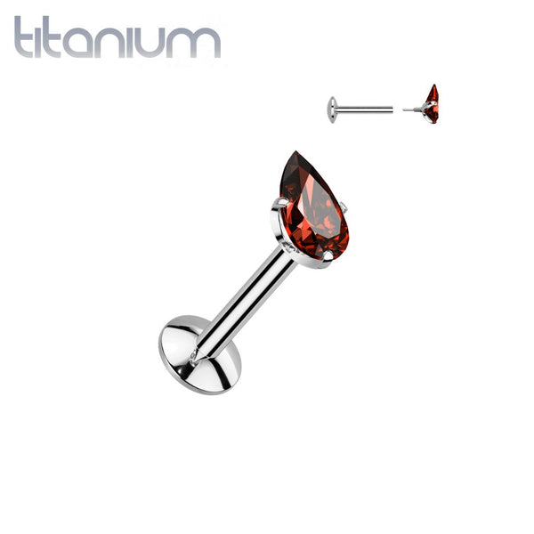 Implant Grade Titanium Red CZ Teardrop Shaped Internally Threaded Flat Back Labret