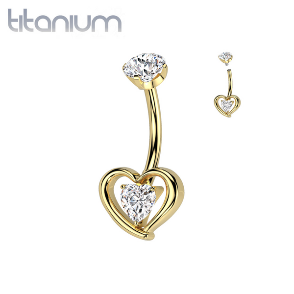 Implant Grade Titanium Gold PVD White CZ Heart Shaped Belly Ring - Pierced Universe