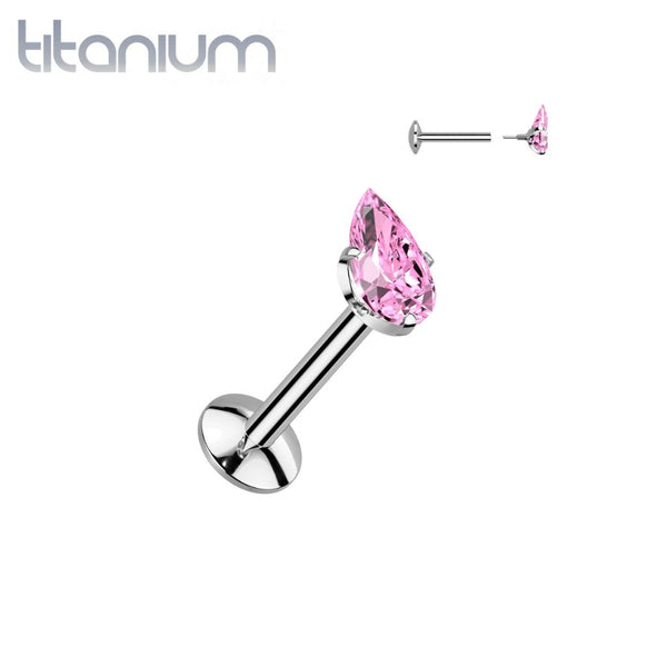 Implant Grade Titanium Pink CZ Teardrop Shaped Internally Threaded Flat Back Labret