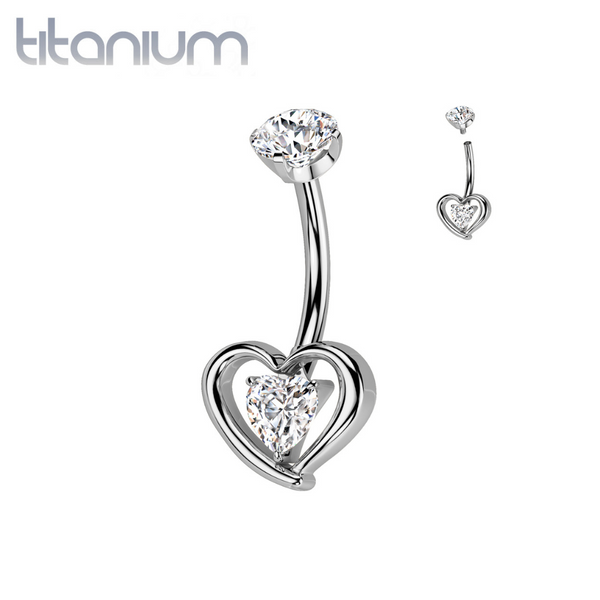 Implant Grade Titanium White CZ Heart Shaped Belly Ring - Pierced Universe