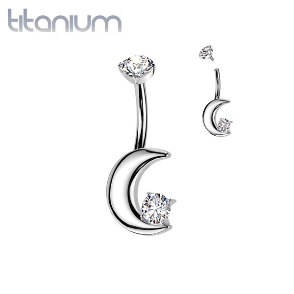 Implant Grade Titanium White CZ Crescent Moon Internally Threaded Belly Ring - Pierced Universe