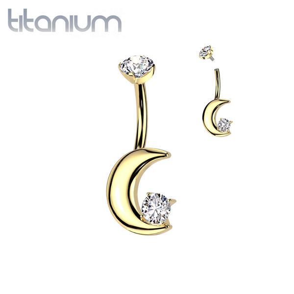 Implant Grade Titanium Gold PVD White CZ Crescent Moon Internally Threaded Belly Ring - Pierced Universe