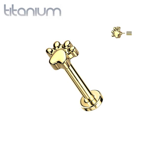 Implant Grade Titanium Gold PVD Paw Print Push In Threadless Labret With Flat Back