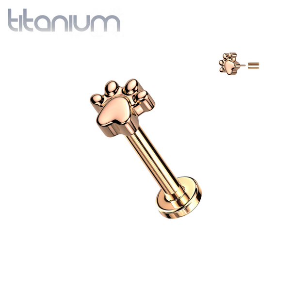 Implant Grade Titanium Rose Gold PVD Paw Print Push In Threadless Labret With Flat Back