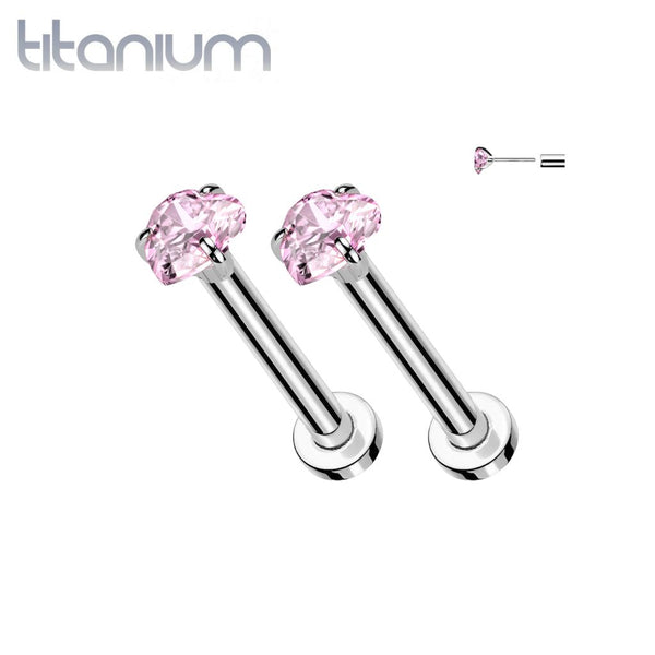 Pair of Implant Grade Titanium Pink CZ Heart Shaped Gem Threadless Push In Earrings With Flat Back Pair of Implant Grade Titanium Pink CZ Heart Shaped Gem Threadless Push In Earrings With Flat Back