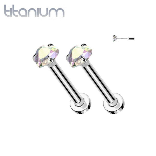 Pair of Implant Grade Titanium Aurora Borealis CZ Heart Shaped Gem Threadless Push In Earrings With Flat Back - Pierced Universe