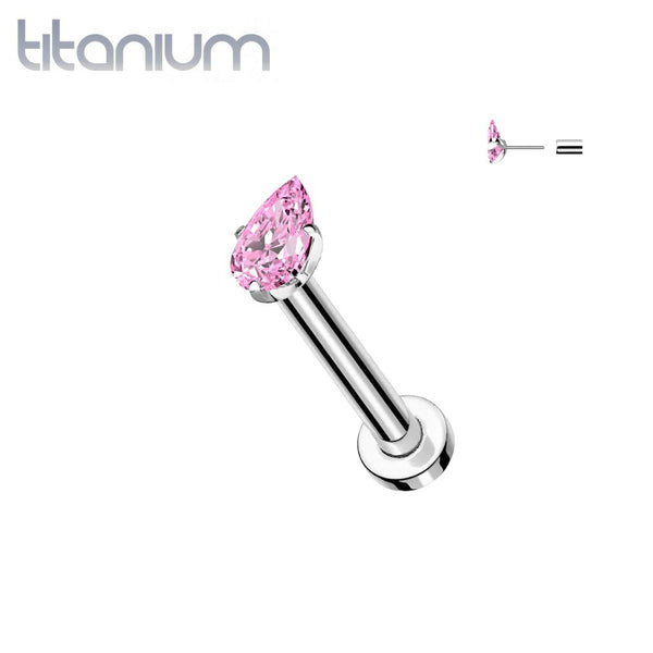 Implant Grade Titanium Pink CZ Teardrop Gem Threadless Labret With Flat Back - Pierced Universe