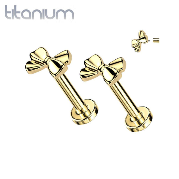 Pair of Implant Grade Titanium Threadless Gold PVD Bow Push In Earrings With Flat Back - Pierced Universe