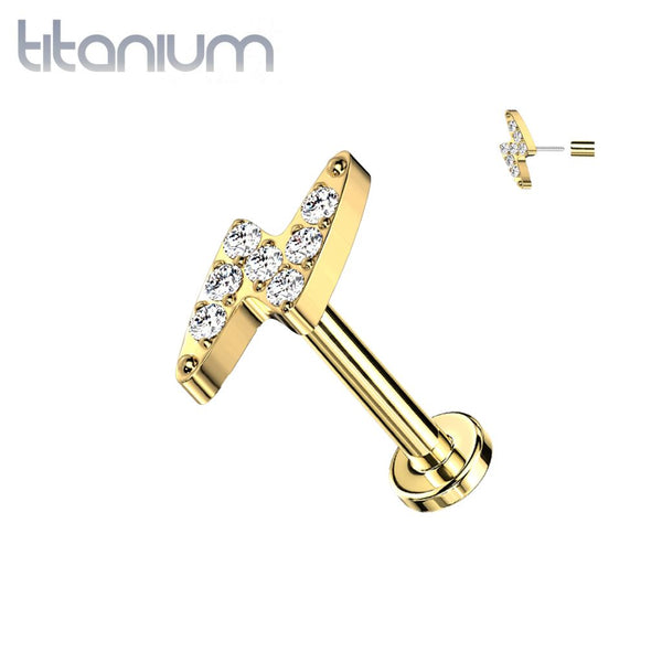 Implant Grade Titanium Gold PVD White CZ Lightning Bolt Top Threadless Push In Labret - Pierced Universe