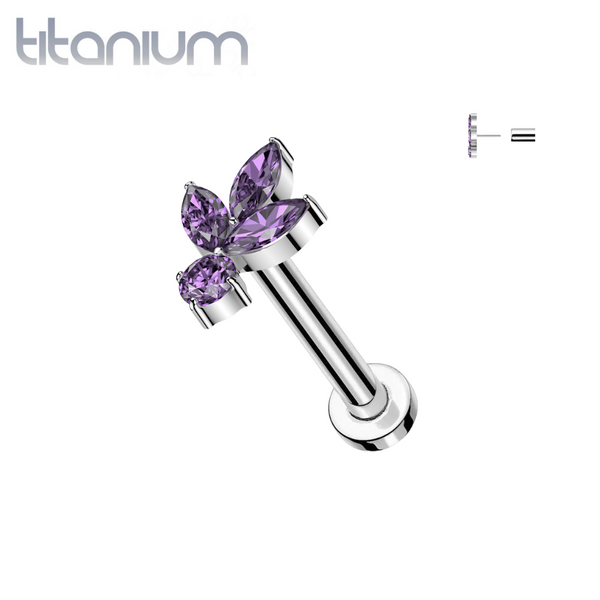 Implant Grade Titanium Purple CZ Trillium With Round Gem Threadless Labret With Flat Back