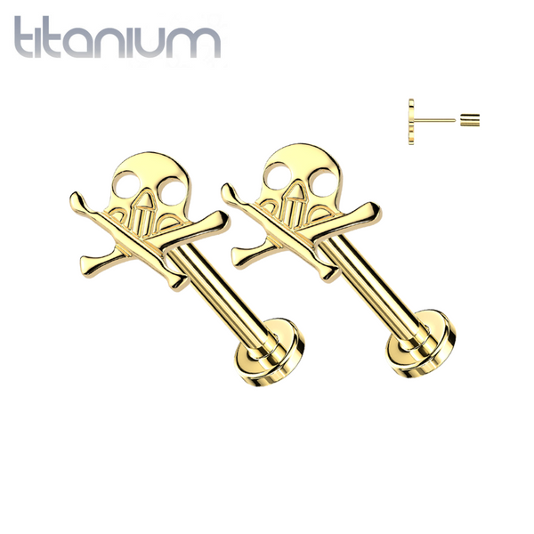 Pair of Implant Grade Titanium Gold PVD Skull and Crossbones Push In Threadless Earrings With Flat Back - Pierced Universe