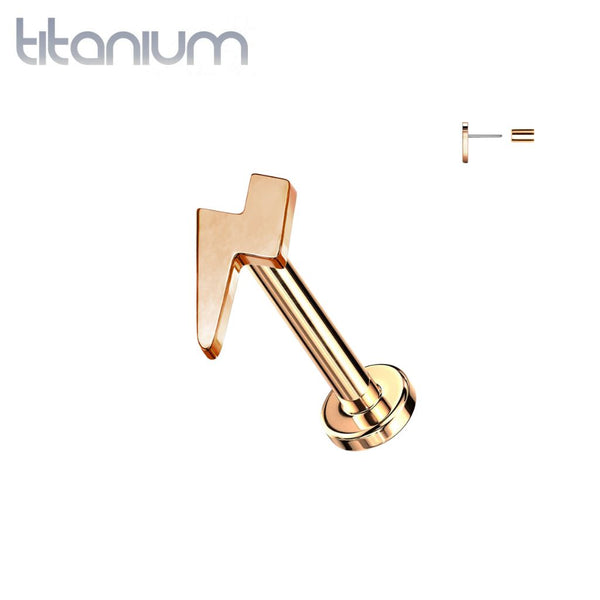 Implant Grade Titanium Threadless Push In Tragus/Cartilage Rose Gold PVD Lightening Bolt Stud With Flat Back