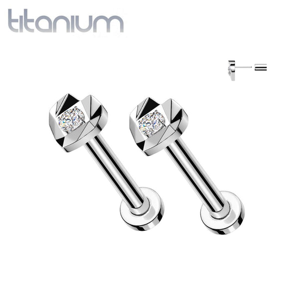 Pair of Implant Grade Titanium White CZ Ridged Cut Heart Push In Threadless Earring Studs Flat Back - Pierced Universe