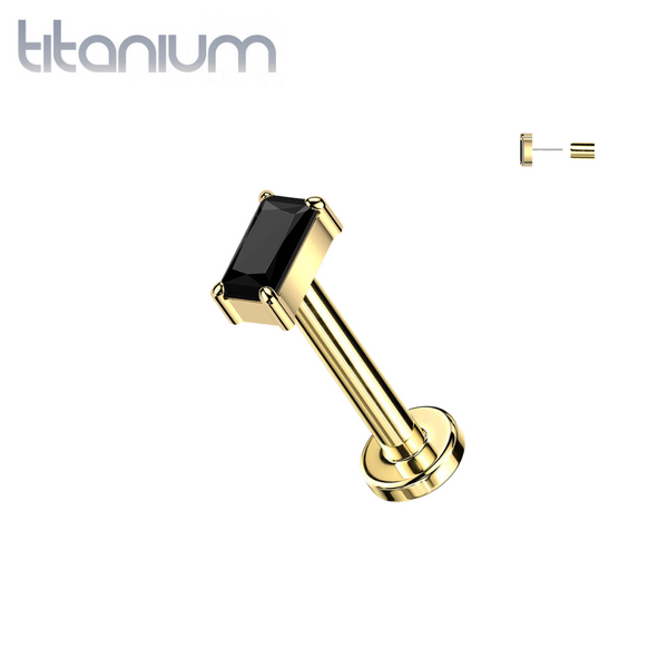 Implant Grade Titanium Gold PVD Black CZ Baguette Rectangle Gem Threadless Labret With Flat Back - Pierced Universe