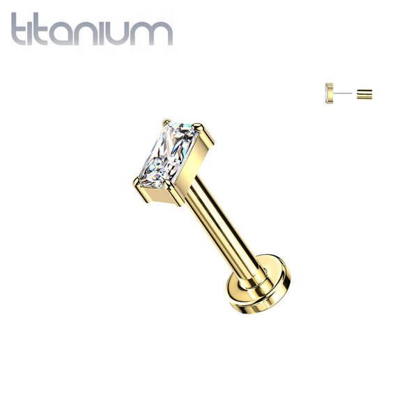 Implant Grade Titanium Gold PVD White CZ Baguette Rectangle Gem Threadless Labret With Flat Back - Pierced Universe
