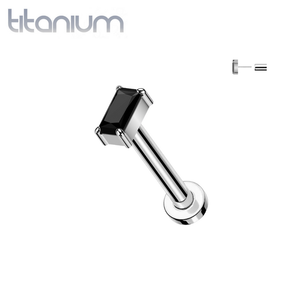 Implant Grade Titanium Black CZ Baguette Rectangle Gem Threadless Labret With Flat Back - Pierced Universe